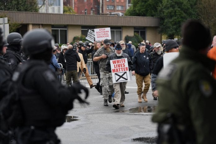 Protesters arrive at a White Lives Matter rally in Shelbyville