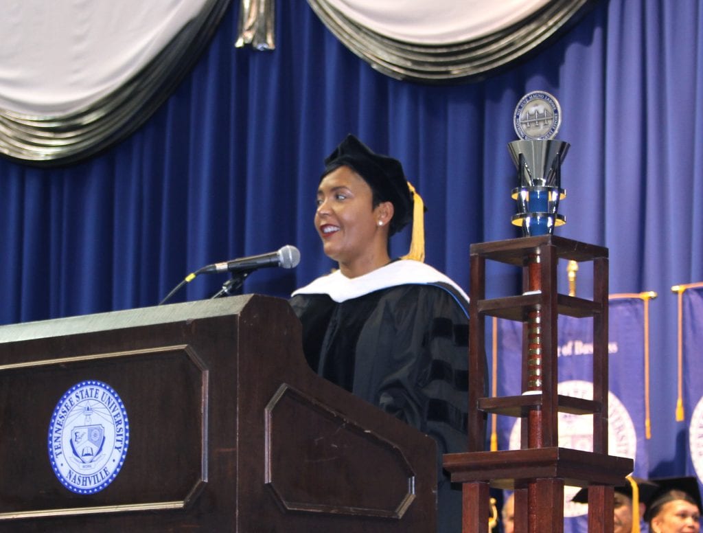 Tennessee State University graduate students receive some inspiring words from Atlanta Mayor Keisha Lance Bottoms.