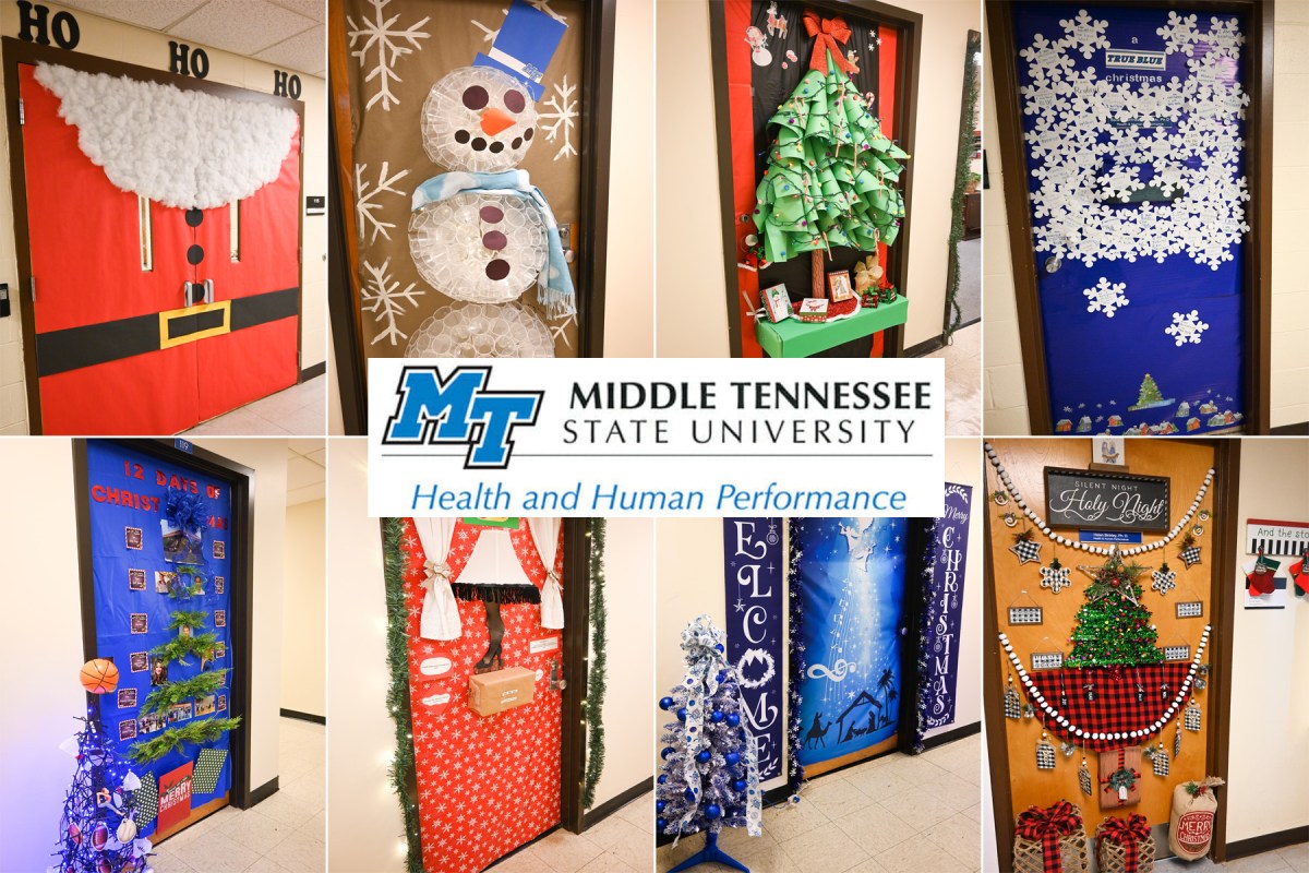 Middle Tennessee State University’s Health and Human Performance department had 26 staff and faculty participate in their holiday door décor competition that wrapped up Thursday, Dec. 1, 2022. (MTSU graphic illustration by Stephanie Wagner)