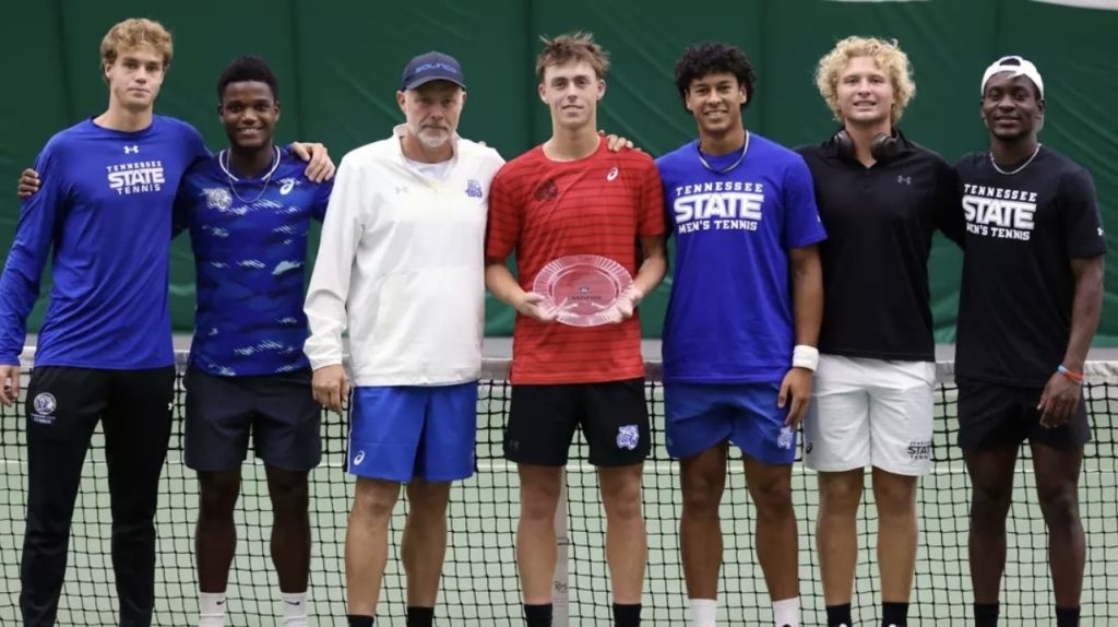 The TSU Men’s Tennis team celebrates after winning their second consecutive HBCU National Championship.