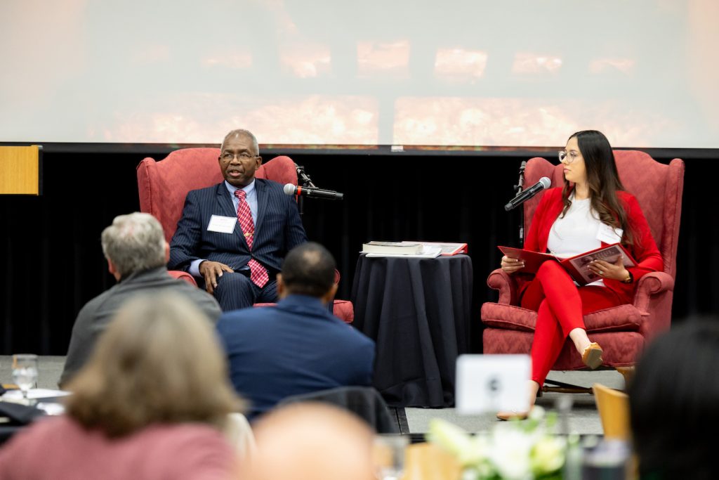 Graduate student Elizabeth Daniel interviews retired Marine Lt. Gen. Ronald Bailey during APSU's third annual Martin Luther King Jr. Day Breakfast. | Photo by Sean McCully