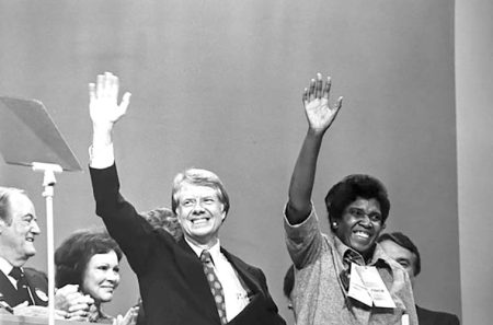 Presidential candidate Jimmy Carter and Rep. Barbara Jordan, D-Texas, at the Democratic National Convention in New York on July 15, 1976.Brownie Harris / Corbis via Getty Images file