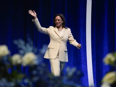 Vice President Kamala Harris waves as she is introduced during the Zeta Phi Beta Sorority, Inc.'s Grand Boulé, Wednesday, July 24, 2024, in Indianapolis. Darron Cummings/AP