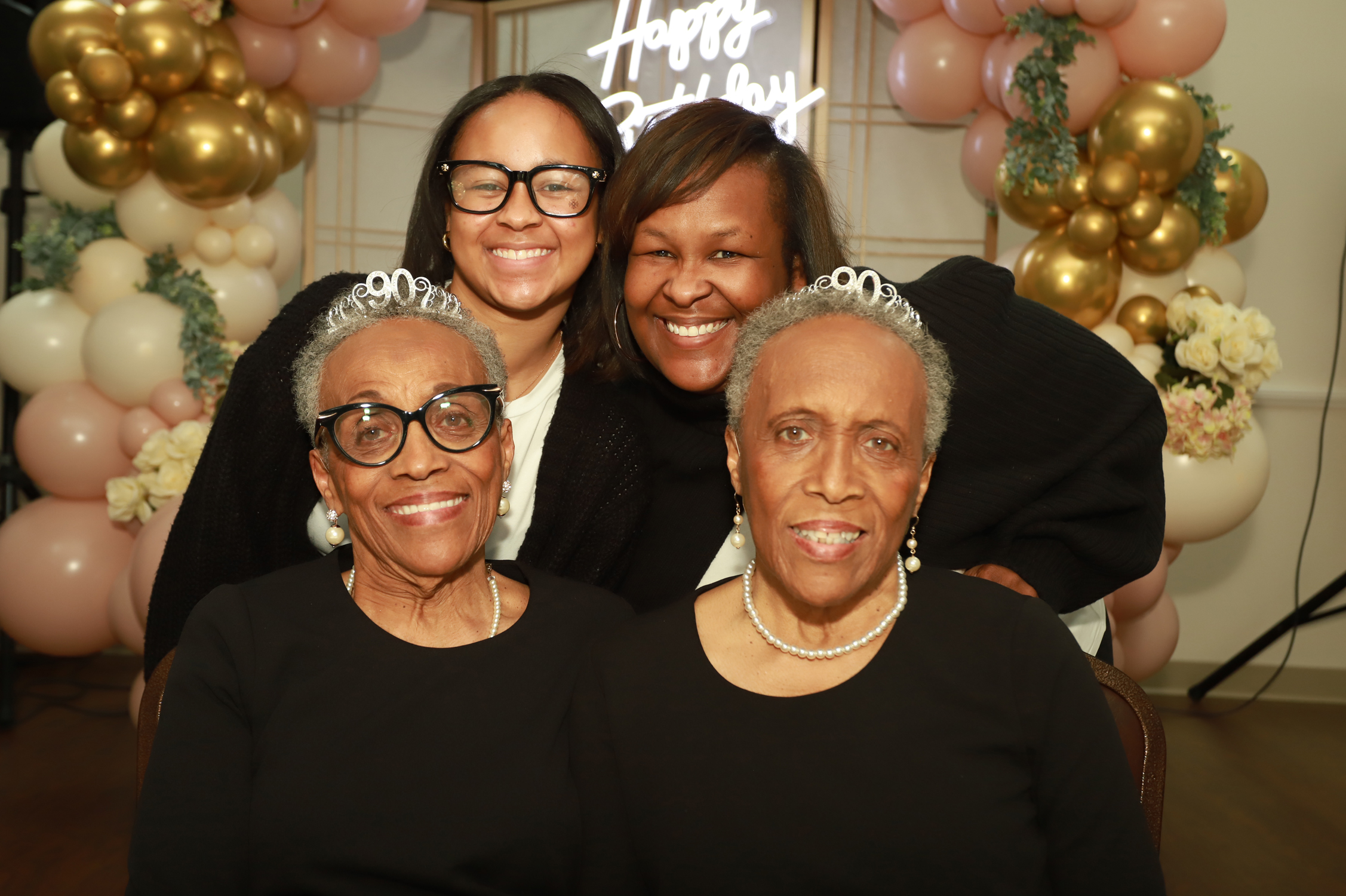 Back row left to right: Evelyn’s great-grand daughter, Jorri Moore and granddaughter Lashonda Moore. Front row: left to right: The twins, Evelyn Lee and Wynetta Smith.