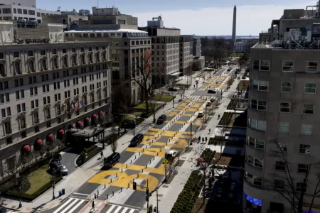 Reconstruction on Black Lives Matter Plaza in Washington, D.C., began Monday. Tyrone Turner/WAMU