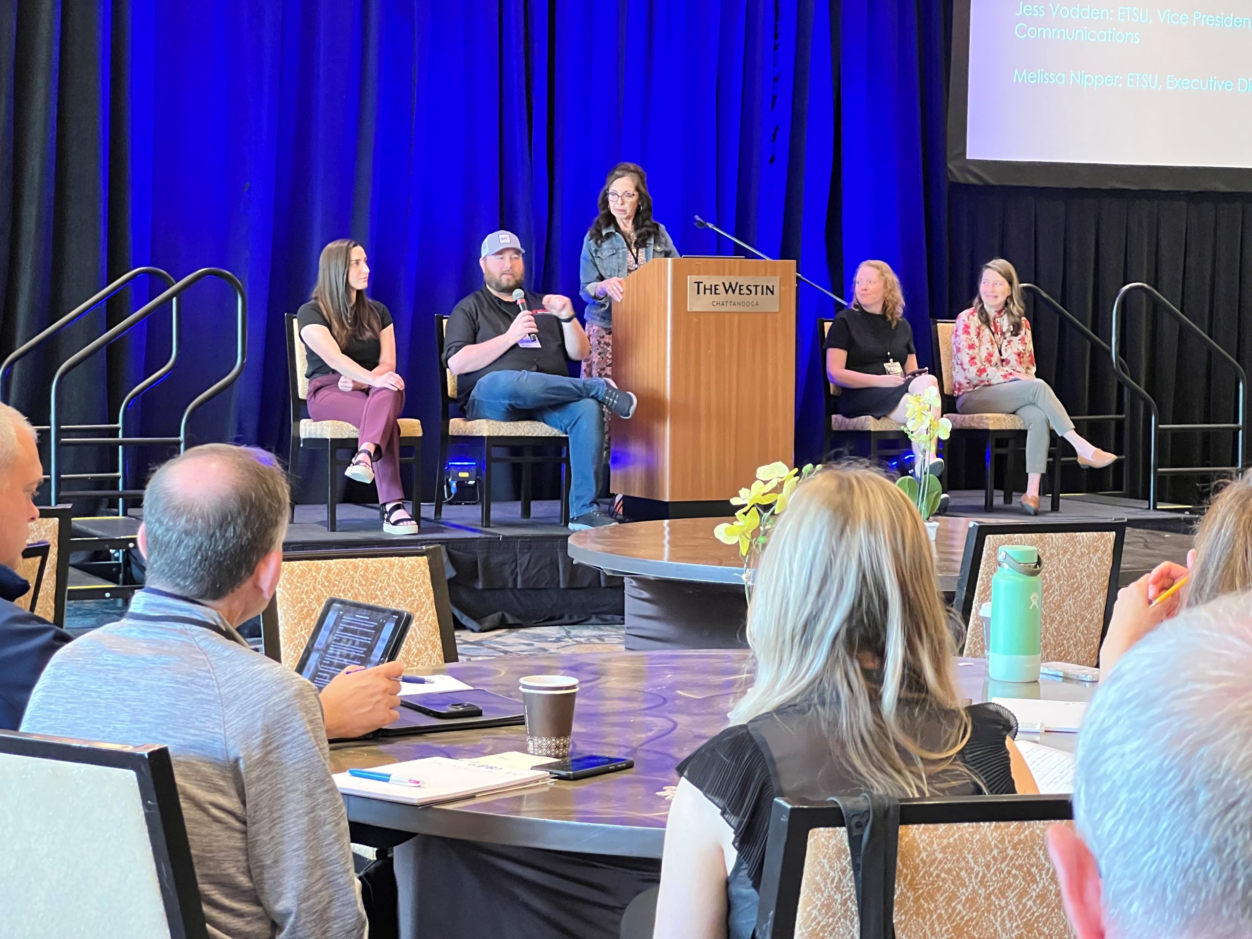Campus Webmaster Jacob Culwell speaks on a panel of award winners at the 2025 TCPRA State Conference. | Photo by Sean McCully