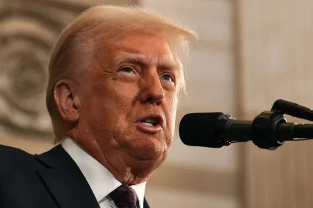 President Donald Trump speaks during inauguration ceremonies in the Rotunda of the US Capitol on January 20 in Washington, DC. Trump on Monday took the first steps to enact his sweeping agenda with a series of executive actions. (Chip Somodevilla/Pool/AFP via Getty Images via CNN Newsource)