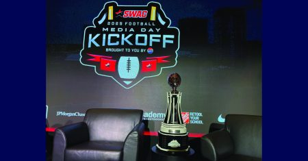 The Celebration Bowl trophy is displayed during 2025 SWAC Media Day Kickoff in Birmingham, Alabama. (Photo: Itoro N. Umontuen/BlackPressUSA)