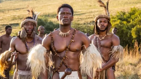 L-R: Lungani Mabaso as Ngcoboka, Lemogang Tsipa as Shaka and Fanele Zulu as Mgobhozi in 'Shaka iLembe' MultiChoice