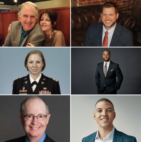 APSU's 2025 Governors Circle Alumni Award recipients, clockwise from top left: Larry ('66, '70) and Roberta ('69, '80) Richardson, Andrew Wilson ('13, '15), Trevor Brand ('14), Shane Lantigua ('17), Dr. Vernon Michael Carrigan ('73), and Major Jacquelyn Messenger ('09).